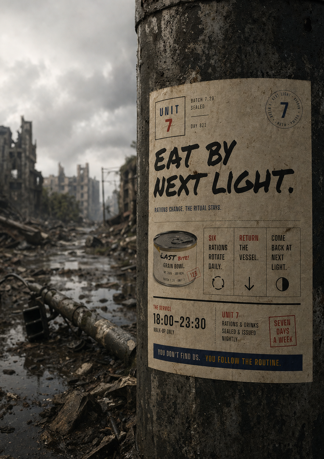 Eat By Next Light — outdoor pole-wheatpaste poster